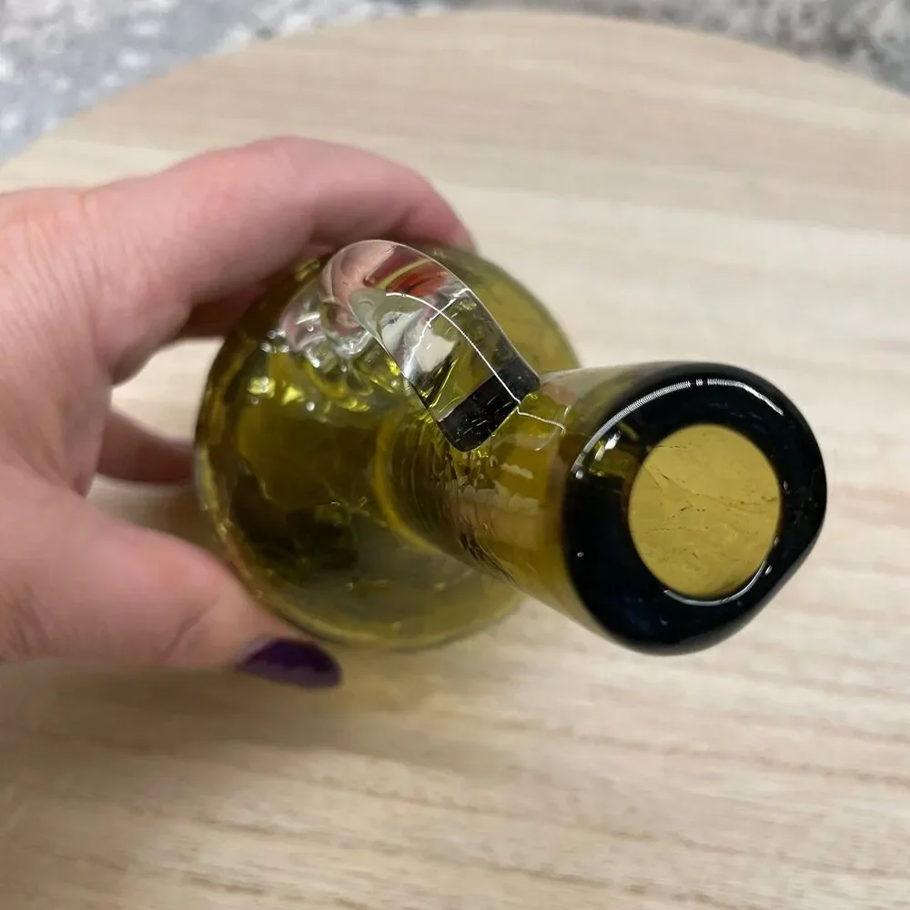 Vintage Pilgrim Olive Green Crackle Glass Mini Pitcher MCM Hand Blown 5.25